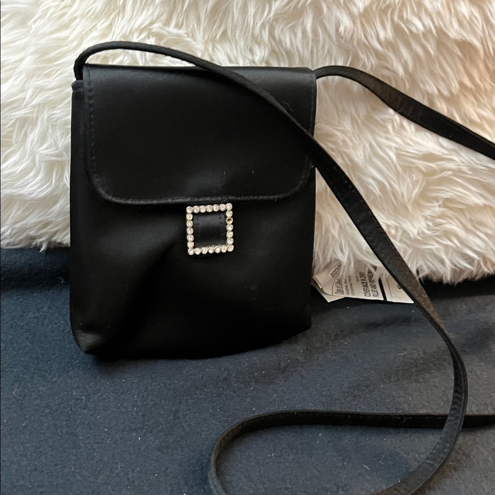 Sleek Black Crossbody Bag with Square Rhinestone Accent